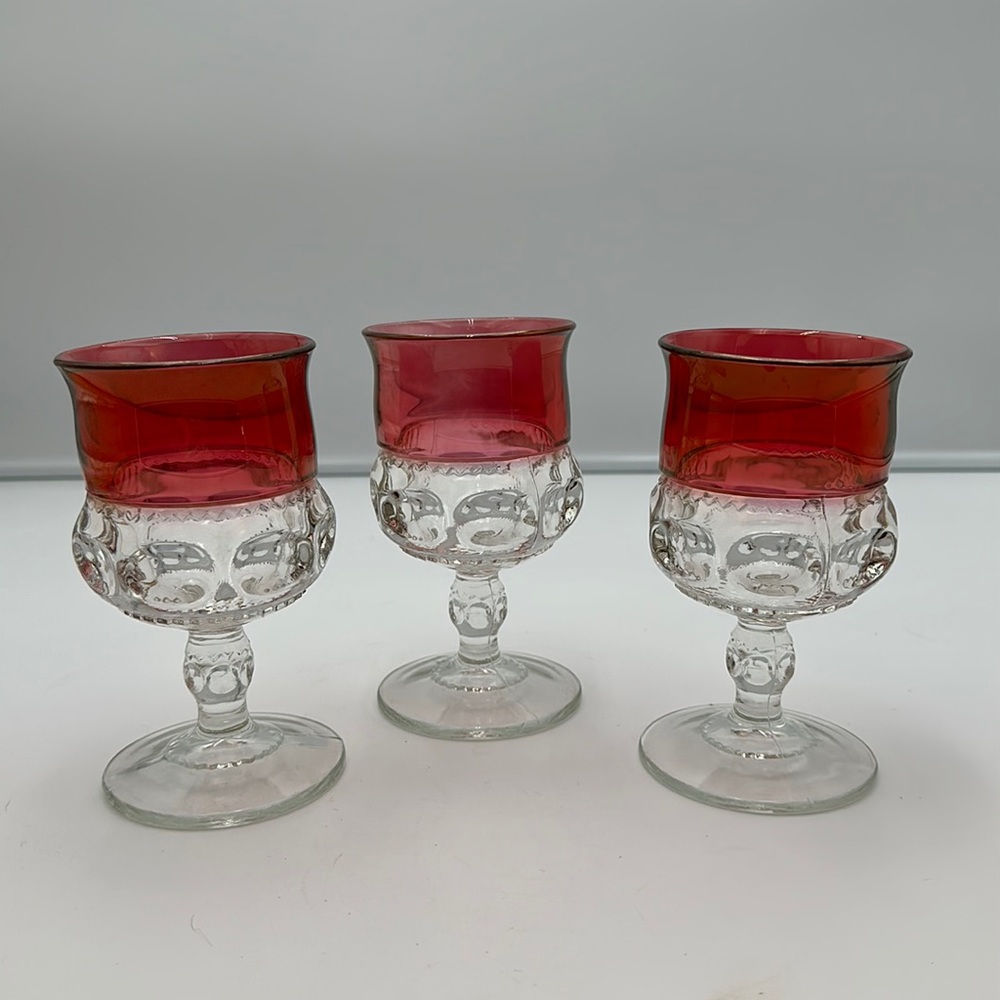 Pair of Vintage Iridescent Cranberry Kings Crown glass Small goblets Set of 3